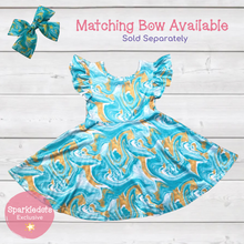 Load image into Gallery viewer, Seafoam & Gold Swirl Print Ruffle Sleeve Dress (SWS4104)-Dresses-Sparkledots-sparkledots