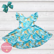 Load image into Gallery viewer, Seafoam & Gold Swirl Print Ruffle Sleeve Dress (SWS4104)-Dresses-Sparkledots-sparkledots