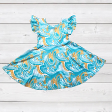 Load image into Gallery viewer, Seafoam & Gold Swirl Print Ruffle Sleeve Dress (SWS4104)-Dresses-Sparkledots-sparkledots