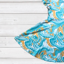 Load image into Gallery viewer, Seafoam & Gold Swirl Print Ruffle Sleeve Dress (SWS4104)-Dresses-Sparkledots-sparkledots