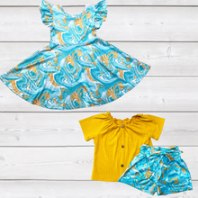 Load image into Gallery viewer, Seafoam & Gold Swirl Print Ruffle Sleeve Dress (SWS4104)-Dresses-Sparkledots-sparkledots