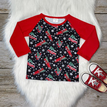 Load image into Gallery viewer, Black &amp; Red Christmas Trucks Printed Long Sleeve Raglan
