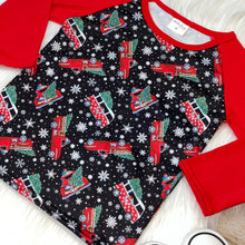 Load image into Gallery viewer, Black &amp; Red Christmas Trucks Printed Long Sleeve Raglan
