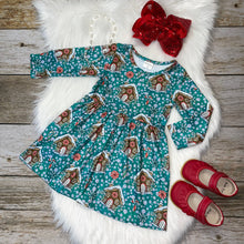 Load image into Gallery viewer, Teal Gingerbread House &amp; Peppermints Printed Long Sleeve Dress
