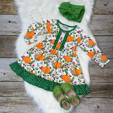 Load image into Gallery viewer, White &amp; Green Pumpkin Printed Long Sleeve Dress
