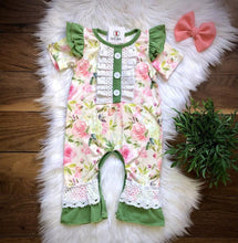 Load image into Gallery viewer, WellieKate Green&amp;Cream Rose Romper
