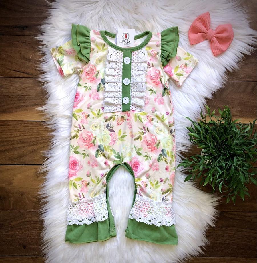 WellieKate Green&Cream Rose Romper