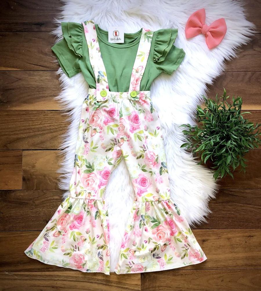 WellieKate Green&Cream Suspender Bell Pant Set