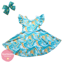 Load image into Gallery viewer, Seafoam &amp; Gold Swirl Print Ruffle Sleeve Dress (SWS4104)-Dresses-Sparkledots-sparkledots
