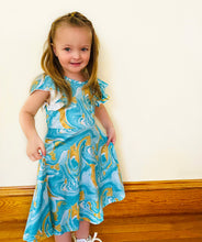 Load image into Gallery viewer, Seafoam &amp; Gold Swirl Print Ruffle Sleeve Dress (SWS4104)-Dresses-Sparkledots-sparkledots
