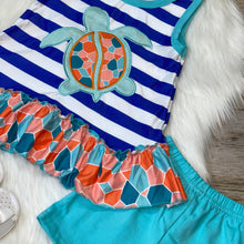 Load image into Gallery viewer, Blue and Teal Embroidered Sea Turtle Ruffle Tunic Set

