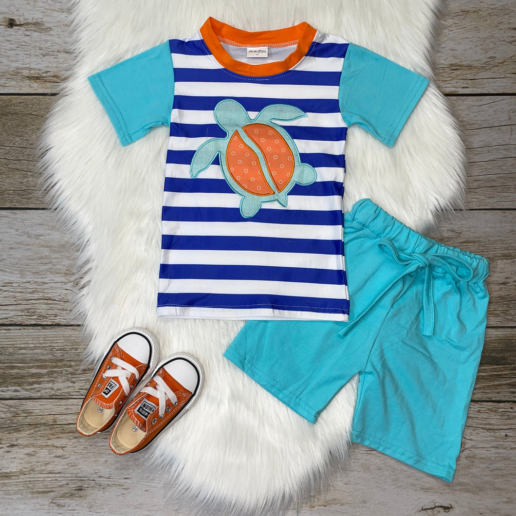Blue and Teal Embroidered Sea Turtle Raglan and Shorts