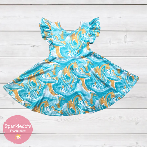 Seafoam & Gold Swirl Print Ruffle Sleeve Dress (SWS4104)-Dresses-Sparkledots-sparkledots