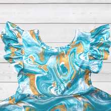 Load image into Gallery viewer, Seafoam &amp; Gold Swirl Print Ruffle Sleeve Dress (SWS4104)-Dresses-Sparkledots-sparkledots
