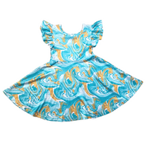 Load image into Gallery viewer, Seafoam &amp; Gold Swirl Print Ruffle Sleeve Dress (SWS4104)-Dresses-Sparkledots-sparkledots
