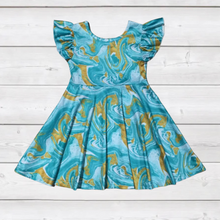 Load image into Gallery viewer, Seafoam &amp; Gold Swirl Print Ruffle Sleeve Dress (SWS4104)-Dresses-Sparkledots-sparkledots
