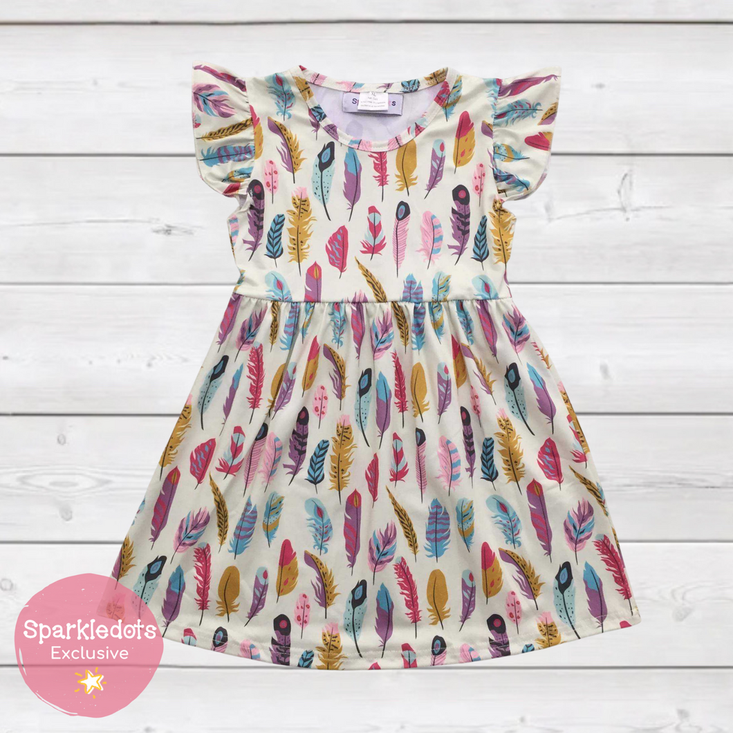 Pretty Feathers Ruffle Sleeve Dress (SWS5025)-Dresses-Sparkledots-sparkledots