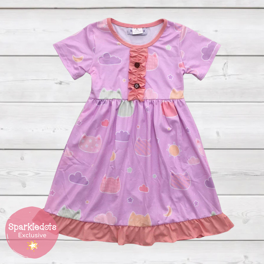 Kitties in the Night Sky Ruffle Dress (SWS5026)-Dresses-Sparkledots-sparkledots
