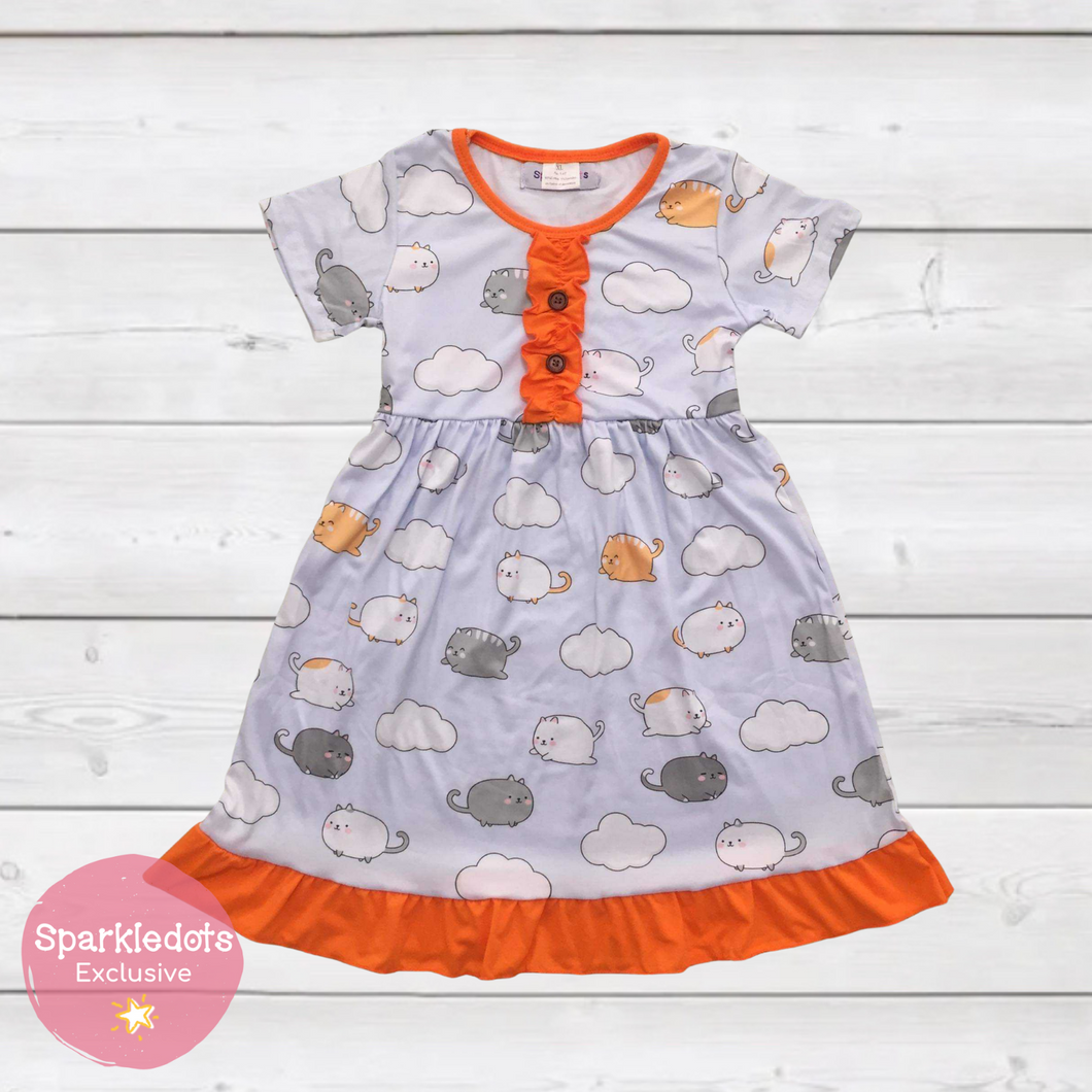 Cats in the Clouds Ruffle Dress (SWS5031)-Dresses-Sparkledots-sparkledots