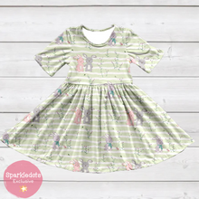 Load image into Gallery viewer, Cute Bunnies on Sage Twirly Dress (SWS5044)-Dresses-Sparkledots-sparkledots
