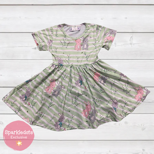 Cute Bunnies on Sage Twirly Dress (SWS5044)-Dresses-Sparkledots-sparkledots