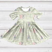 Load image into Gallery viewer, Cute Bunnies on Sage Twirly Dress (SWS5044)-Dresses-Sparkledots-sparkledots
