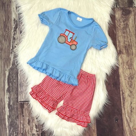 Embroidered Tractor Tee & Ruffle Short Set